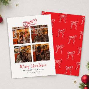 Cartão De Festividades Natal em Colagem de Fotos com Laço Vermelho Minima