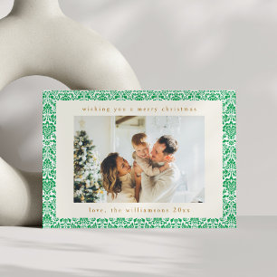 Cartão De Festividades Natal em damasco verde vintage com duas fotos