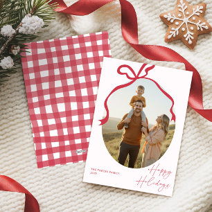 Cartão De Festividades Natal em Família com Laço Vermelho Minimalista
