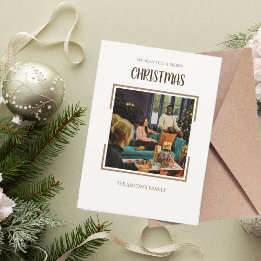 Cartão De Festividades Natal em Família Festivo Dourado e Branco