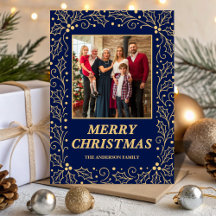Natal em Foto da Família em Azul Naval e Dourado A