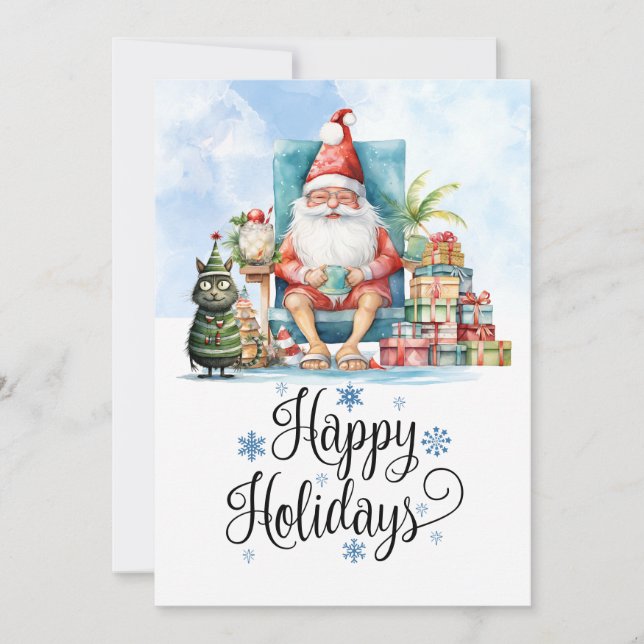 Cartão De Festividades Natal em julho com PAPAI NOEL na praia  (Frente)