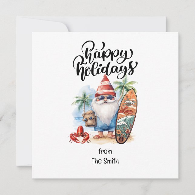 Cartão De Festividades Natal em julho com SANTA CLAUS na praia (Frente)