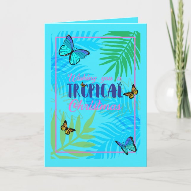 Cartão De Festividades Natal em julho Folhas de Palma e Borboletas (Frente)