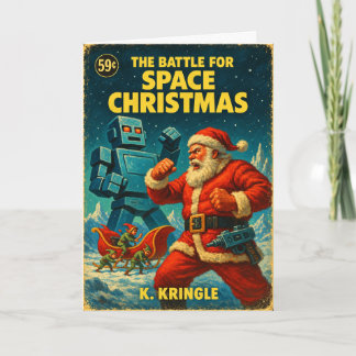 Cartão De Festividades Natal Espacial do Papai Noel vs. Robô Vintage Ficç