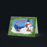 Cartão De Festividades Natal, excelente - neto, menino no trenó, boneco<br><div class="desc">A alegria da época natalícia está atual na imagem do menino em seu trenó seja olhada sobre por um boneco de neve de sorriso e por um coelho de coelho peludo.  Faz um cartão colorido do feriado.   Sinta livre mudar o verso interno para serir suas necessidades.</div>