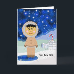 Cartão De Festividades Natal feito sob encomenda para a irmã, cena do<br><div class="desc">Natal dianteiro feito sob encomenda para a irmã/Sis, cartão do papel da cena do inverno. Adicione seu texto ao cobrir e ao interior para um cartão pessoal. Caráter Eskimo bonito que está na frente de um iglu com um bastão de doces que sai da parte superior dela. Uma cena fria...</div>