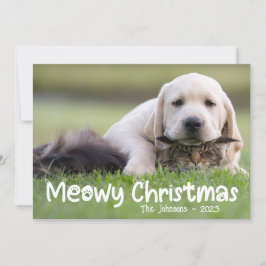 Cartão De Festividades Natal Feliz Meowy Foto da Família de Gatos e Cães