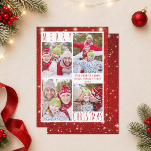 Cartão De Festividades NATAL FELIZ Moderno 4 Colagem de Fotos Luzes Verme