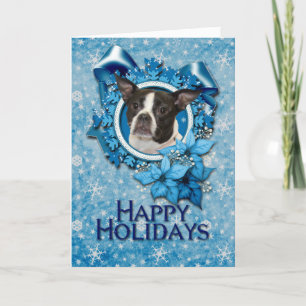 Cartão De Festividades Natal - Floco de neve azul - Boston e Rat Terrier