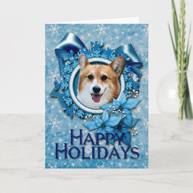 Cartão De Festividades Natal - floco de neve azul - Corgi - Owen (Frente)