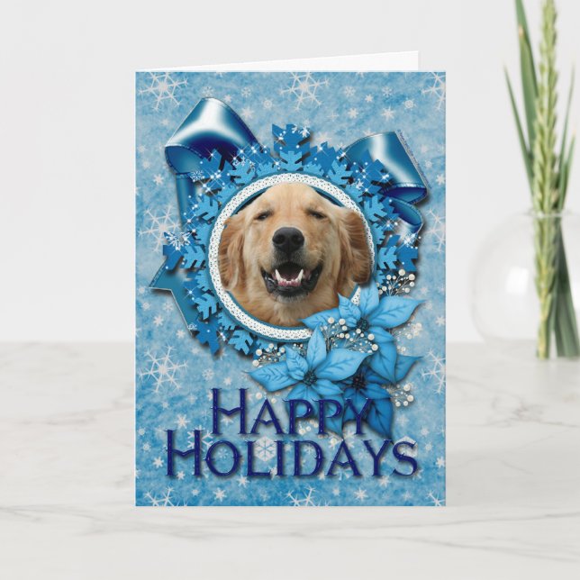 Cartão De Festividades Natal - floco de neve azul - golden retriever (Frente)
