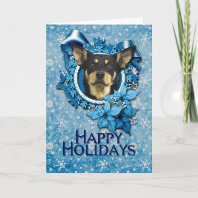 Cartão De Festividades Natal - Floco de Neve Azul - Kelpie Australiano (Frente)