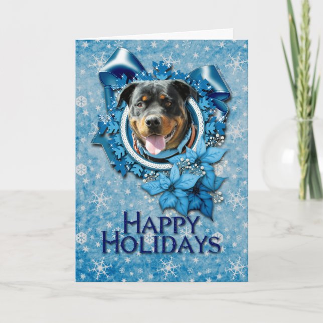 Cartão De Festividades Natal - Floco de Neve Azul - Rottweiler SambaParTi (Frente)