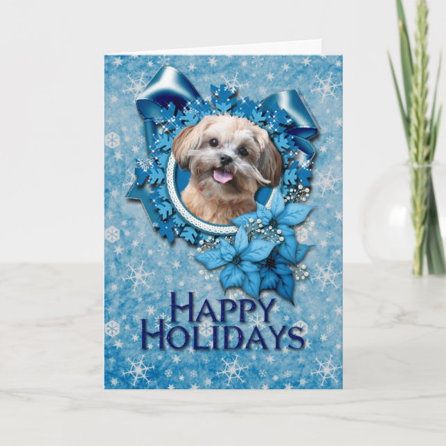 Cartão De Festividades Natal - floco de neve azul - ShihPoo - Maggie (Frente)