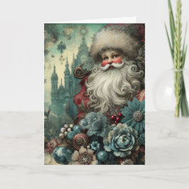 Cartão De Festividades Natal Floral Papai Noel Festivo Inspirado em Vinta