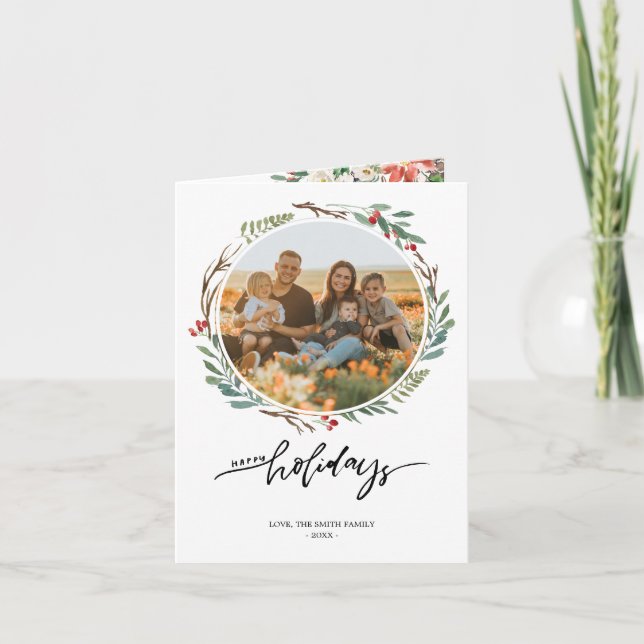 Cartão De Festividades Natal Floral Wreath Season Saudações 2 Foto (Frente)