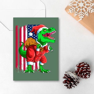 Cartão De Festividades Natal Fofo Verde Papai Noel TRex Tiranossauro Xmas