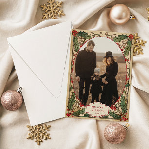 Cartão De Festividades Natal Foto Antiga Folha de Azevinho