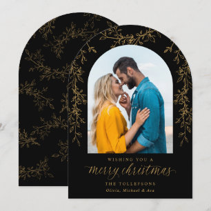 Cartão De Festividades Natal Foto Botânica Arco Preto Dourado Elegante