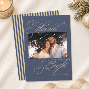 Cartão De Festividades Natal Foto Casados e Brilhante em Azul Ardósia