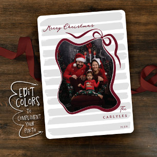 Cartão De Festividades Natal Foto Colorida com Laço Caprichoso e Listras
