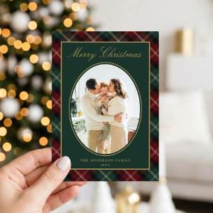 Cartão De Festividades Natal Foto de Família em Xadrez Clássico Elegante