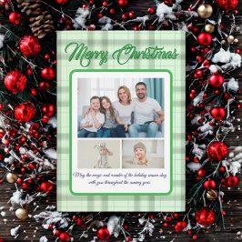 Cartão De Festividades Natal Foto de Retrato em Xadrez Verde Fofo