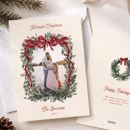 Cartão De Festividades Natal Foto Elegante com Arco de Azevinho em Aquare