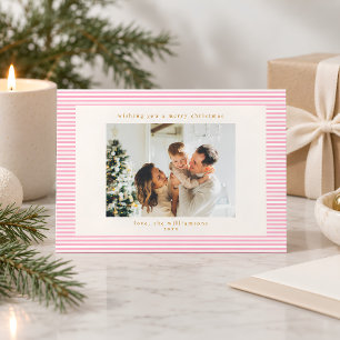 Cartão De Festividades Natal Foto Personalizada Listras Rosa Fofo Vintage