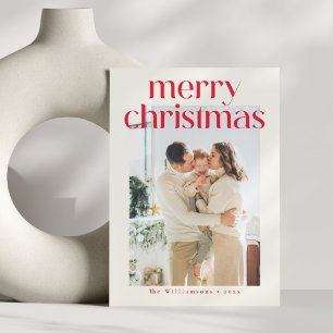 Cartão De Festividades Natal Foto Personalizada Moderno Vermelho Minimali