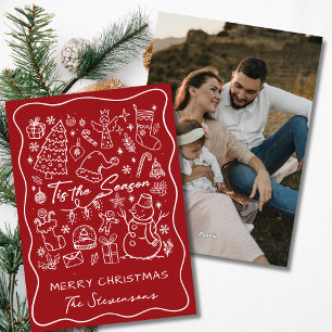 Cartão De Festividades Natal Foto Vermelho e Branco Desenhado à Mão Capri