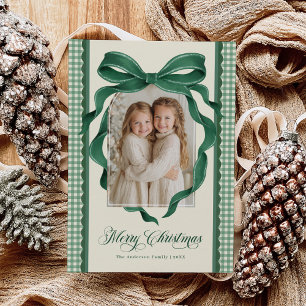 Cartão De Festividades Natal Foto Xadrez Gingham Laço Verde Vintage