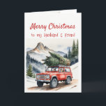 Cartão De Festividades Natal ganhando árvore de Natal do amigo marido<br><div class="desc">Vermelho 4x4 carregado com a família saindo na árvore de Natal. Memórias tradicionais de Natal do que ele foi um marido maravilhoso. Feliz Natal Desejo ao meu marido,  meu amigo</div>