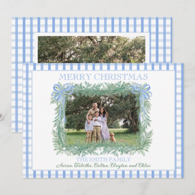 Cartão De Festividades Natal Garland Blue Arco Ribbon Gingham (Frente/Verso)