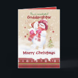 Cartão De Festividades Natal, Goddaughter. O boneco de neve abraça o<br><div class="desc">Um cartão de Natal doce para um Goddaughter novo. Caracteriza uma criança pequena adorável da neve que abraça seu filhote de cachorro bonito da neve. Está vestindo um lenço de harmonização e luvas do chapéu em cor-de-rosa e em vermelho, e seu filhote de cachorro está vestindo um chapéu do papai...</div>