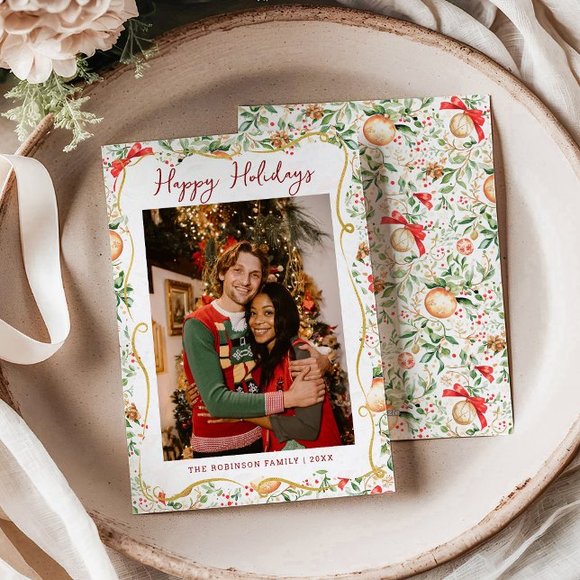 Cartão De Festividades Natal Greenery Padrão Feliz Férias 1 Foto (Criador carregado)