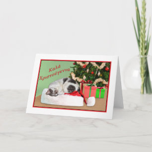 Cartão De Festividades Natal, Grego, Gato Dormindo no Chapéu de Santa