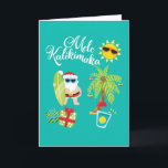 Cartão De Festividades Natal havaiano. Papai Noel Mele Kalikimaka.<br><div class="desc">Cartão, cartão de Natal. Natal havaiano. Papai Noel Mele Kalikimaka. Feliz Natal Havaí. Nerd engraçado do papai noel na praia - com prancha, óculos de sol, árvore de coco com bolas do Natal, cocktail e presentes. Calligaphy e ilustrações. O presente louco impressionante ou o desgaste para os feriados, praia cruzam....</div>