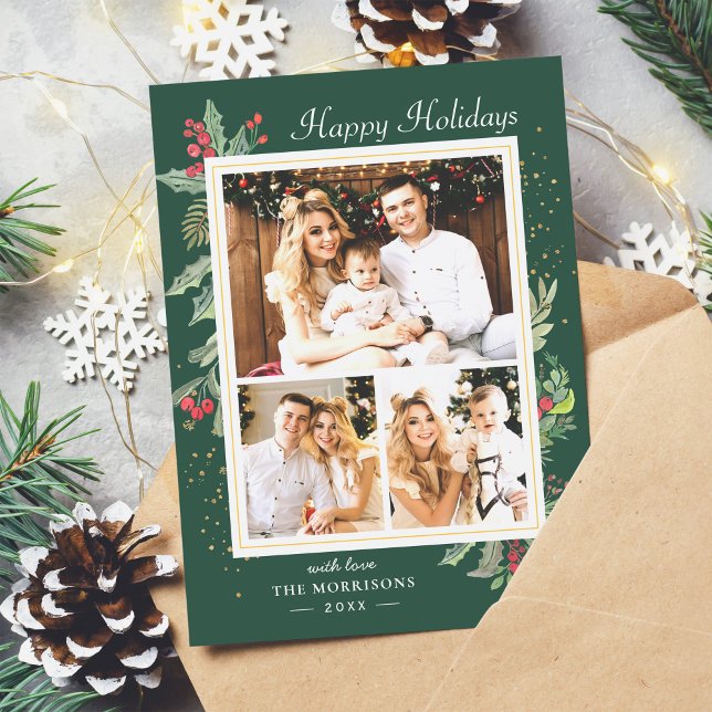 Cartão De Festividades Natal Holly Berries Clássico Vermelho Verde 3 Foto (Example)