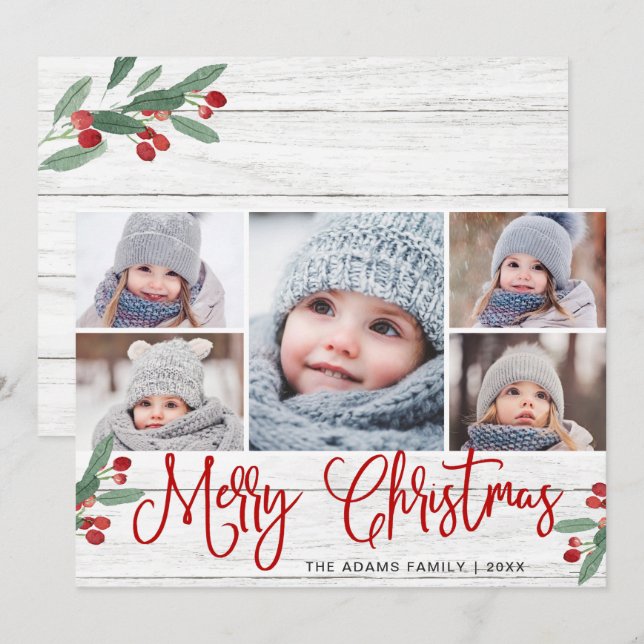 Cartão De Festividades Natal Holly Berry Rustic 5 PHOTO Saudação (Frente/Verso)