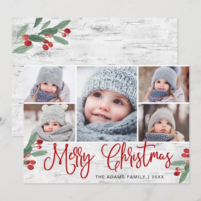 Cartão De Festividades Natal Holly Berry Rustic Birth 5 FOTO (Frente/Verso)