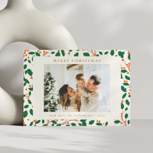 Cartão De Festividades Natal Holly Botanical Greenery Dois Foto Retro