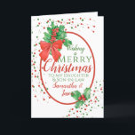 Cartão De Festividades Natal Holly Daughter & Son In Law<br><div class="desc">Um belo cartão de Natal Feliz, composto por Green Holly com bagas vermelhas, um arco vermelho e luzes coloridas. Um cartão adorável para dar a um membro da família como uma filha e um filho de direito ou filho e filha de direito ou mesmo de mãe e pai. Todo texto...</div>