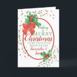 Cartão De Festividades Natal Holly Daughter & Son In Law<br><div class="desc">Um belo cartão de Natal Feliz, composto por Green Holly com bagas vermelhas, um arco vermelho e luzes coloridas. Um cartão adorável para dar a um membro da família como uma filha e um filho de direito ou filho e filha de direito ou mesmo de mãe e pai. Todo texto...</div>
