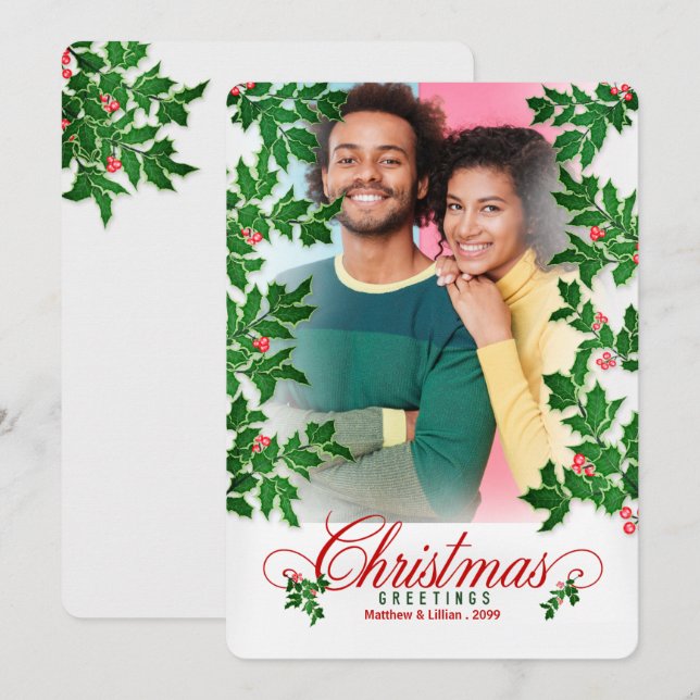 Cartão De Festividades Natal Holly e Berries - Foto Vertical (Frente/Verso)