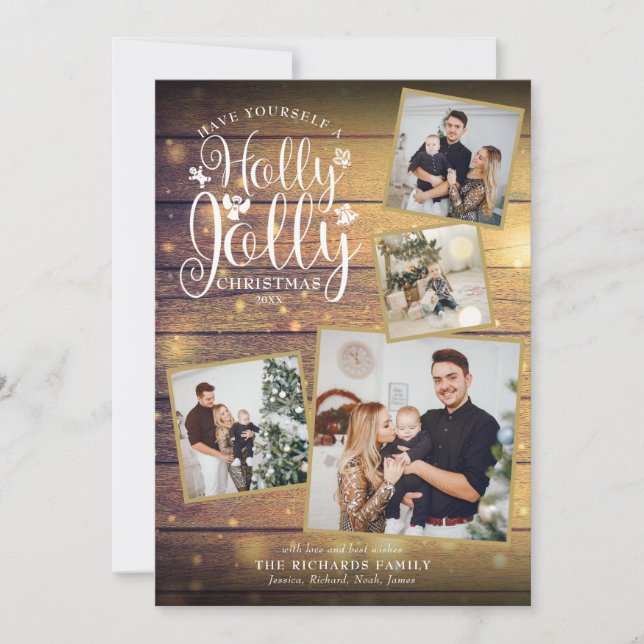 Cartão De Festividades Natal Holly Jolly Foto Collage Wood Rustic (Frente)