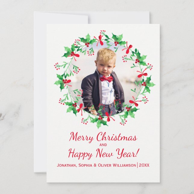 Cartão De Festividades Natal Holly Watercolor Wreath Holiday Foto (Frente)