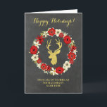 Cartão De Festividades Natal incorporado dos cervos Dourados do quadro da<br><div class="desc">Boas festas o cartão do negócio do Natal para clientes e funcionarios no teste padrão rústico do quadro com a grinalda floral do vintage vermelho e branco e os cervos do ouro,  deseja que seus clientes e empregados jorram esta época natalícia com este cartão do divertimento.</div>