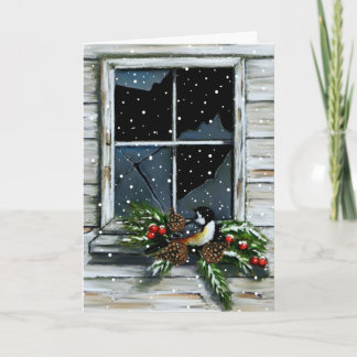 Cartão De Festividades Natal: Janela do Velho Celeiro: Pássaro, Neve: Art